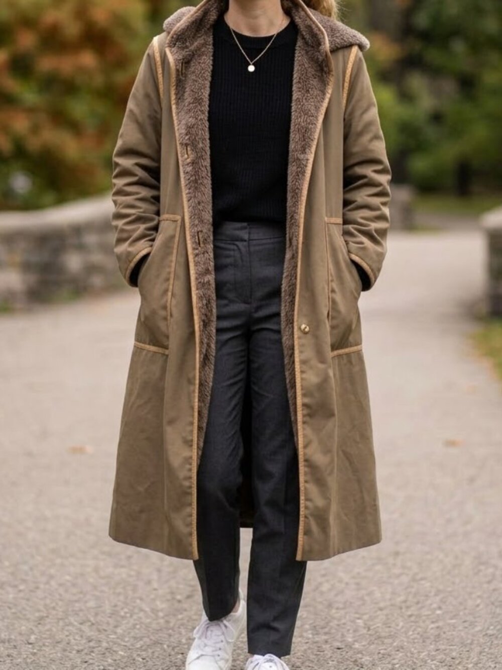 EUC Vintage Bonnie Cashin Orvis Olive Long Shearling Trench Coat Detach Hood M
